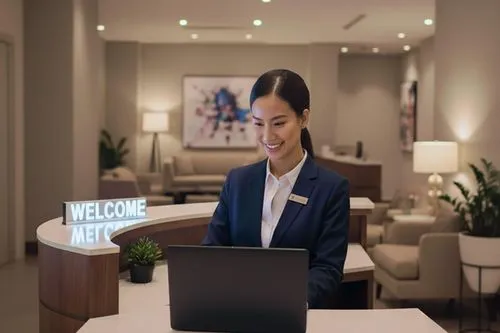 A smiling hotel receptionist working on a laptop at the welcome desk, with a lit "WELCOME" sign.