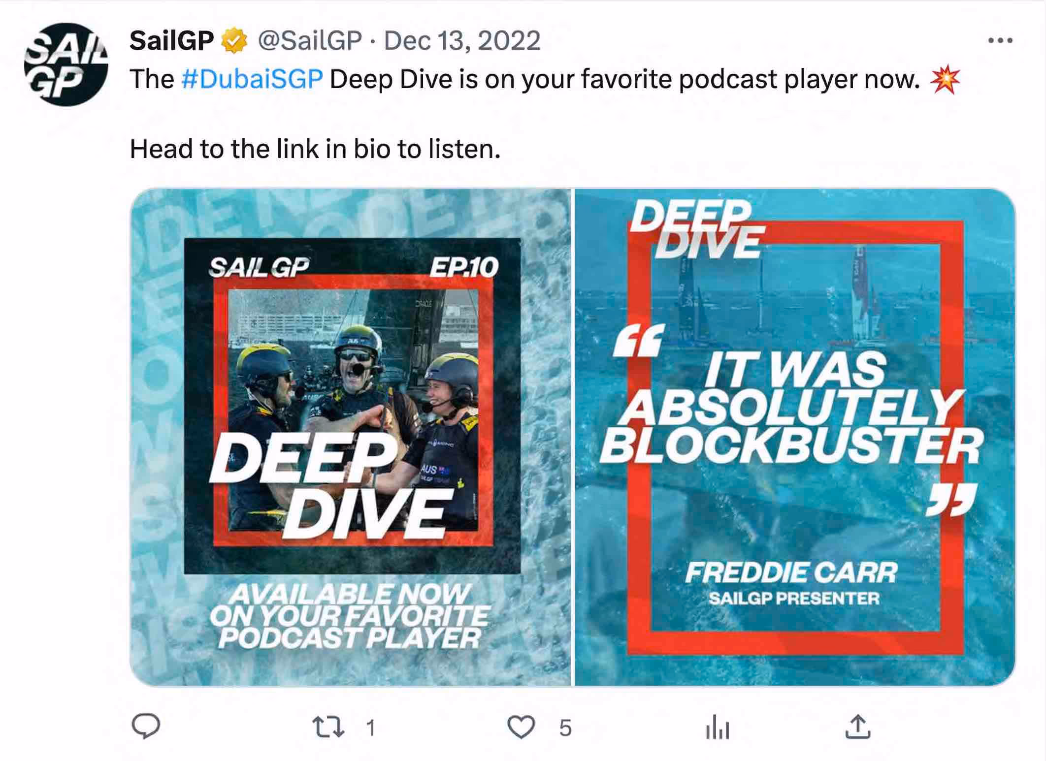 A social post from SailGP promoting the podcast.