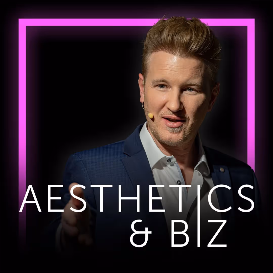 The podcast artwork for the Aesthetics & Biz podcast, featuring the head and shoulders of Dr Felix Bertram, a white man, against a black background. There is a purple square around Felix Bertram and the podcast title is at the bottom in white font.g
