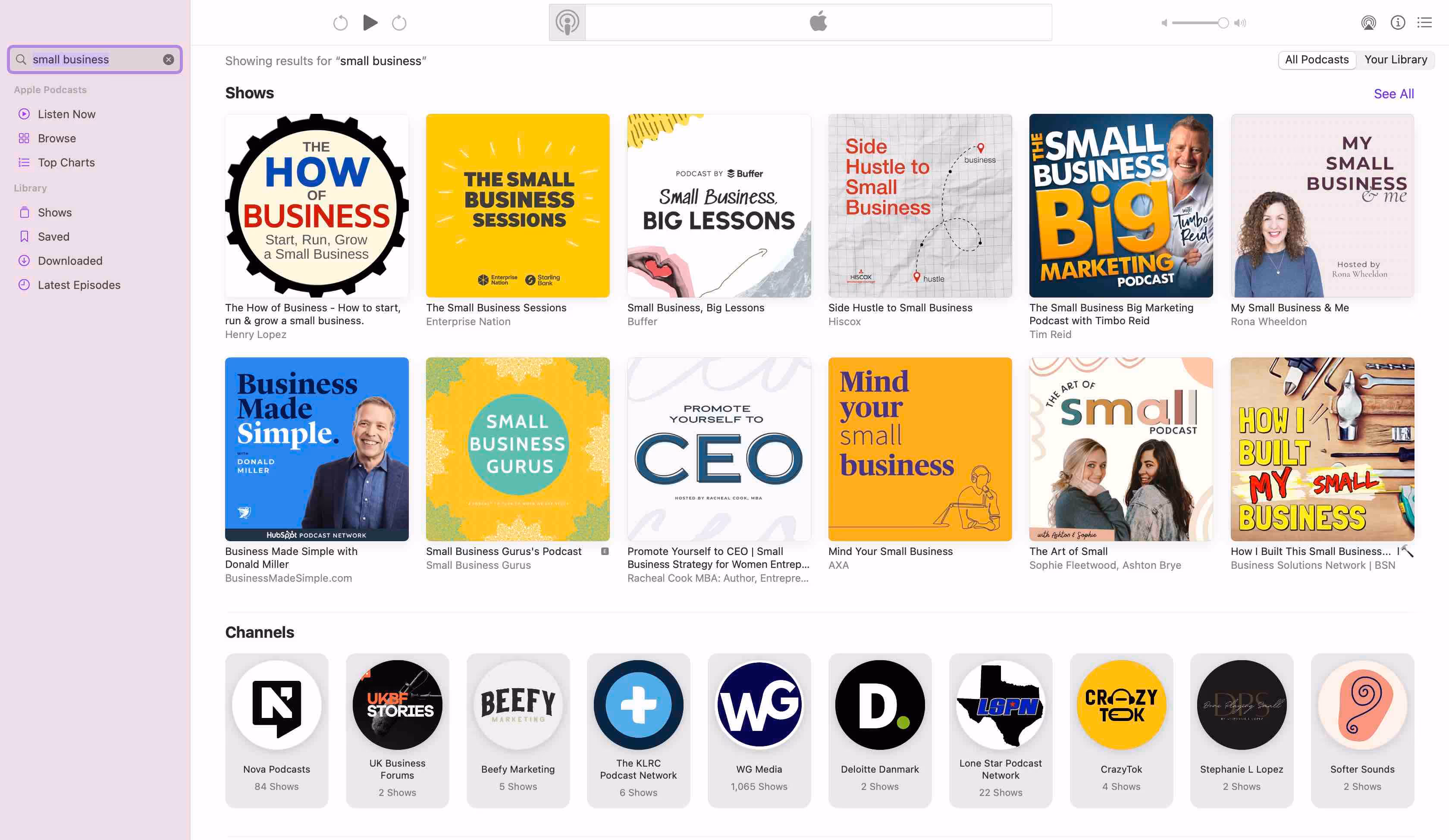The Apple Podcasts chart rankings for the "small business" category