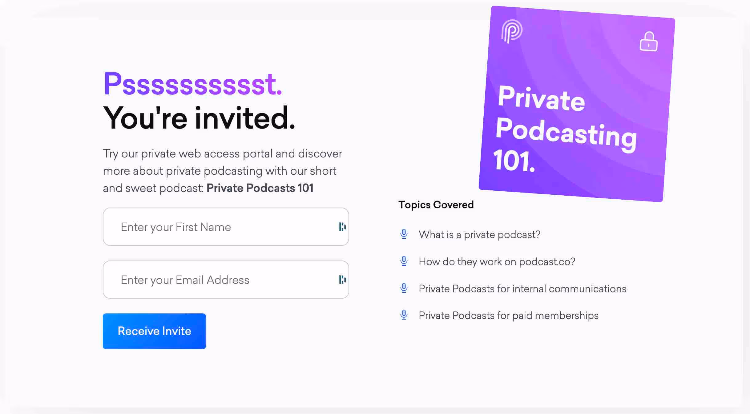 A shot of the sign up page for Podcast.co's free Private Podcasting 101 resource.