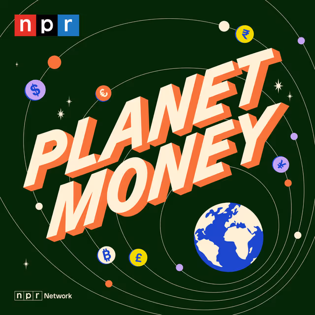 Podcast artwork for Planet Money, featuring a dark green background and an illustration of a solar system. The text 'planet money' is in the middle of the solar system, and there is the NPR logo in the top left and the NPR network logo in the bottom left corner. 