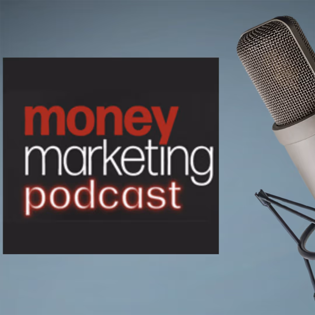 Artwork for the Money Marketing Podcast, featuring a blue-grey background and a silver microphone on the right hand side. On the left-hand side is a black box with text that reads 'money marketing podcast'.