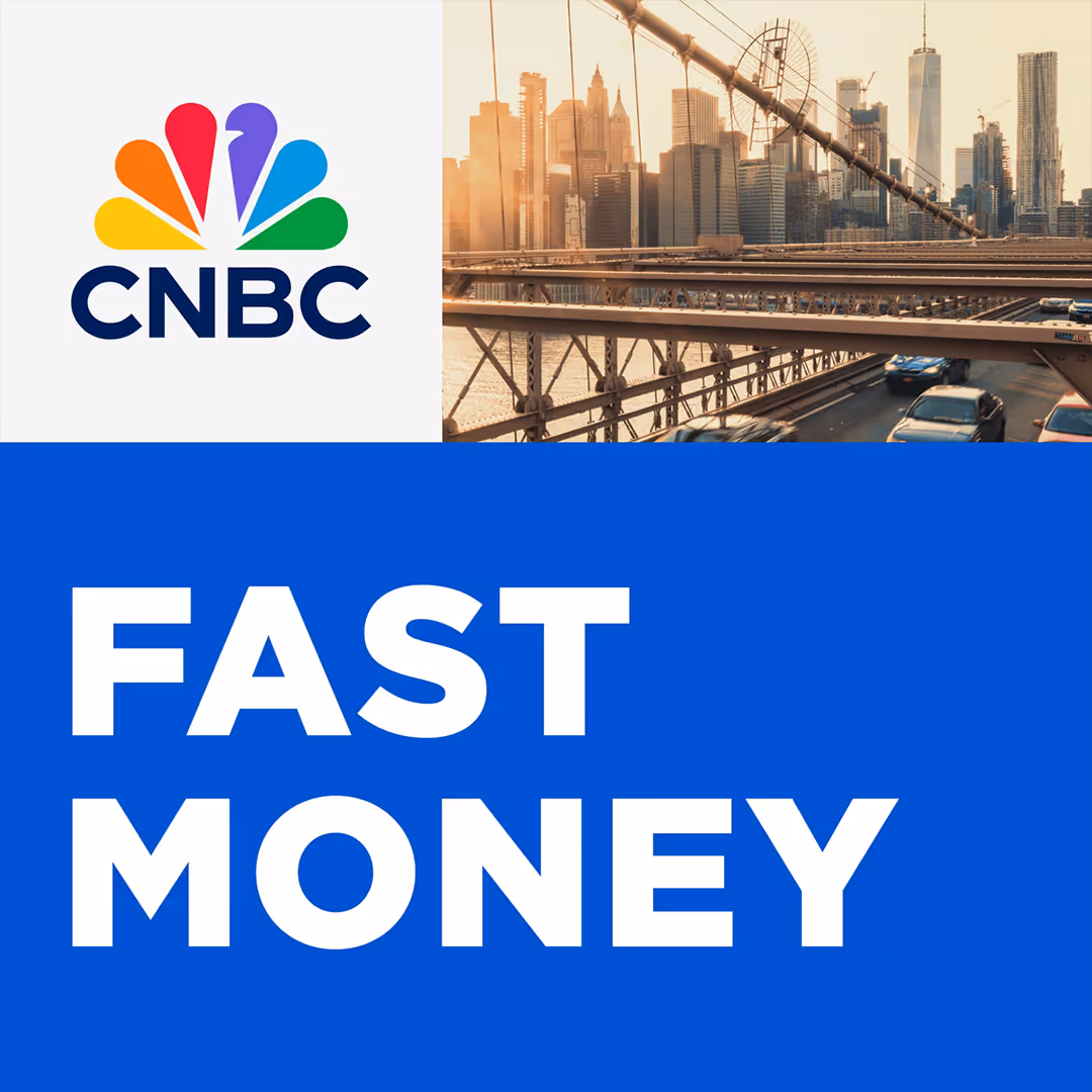 The artwork for CNBC's Fast Money podcast feature a three square design. The top left square features the CNBC logo, the top right square features a view of the New York Skyline from the Brooklyn Bridge, and the bottom square is blue with the text 'Fast Money' in capitalised, white text./