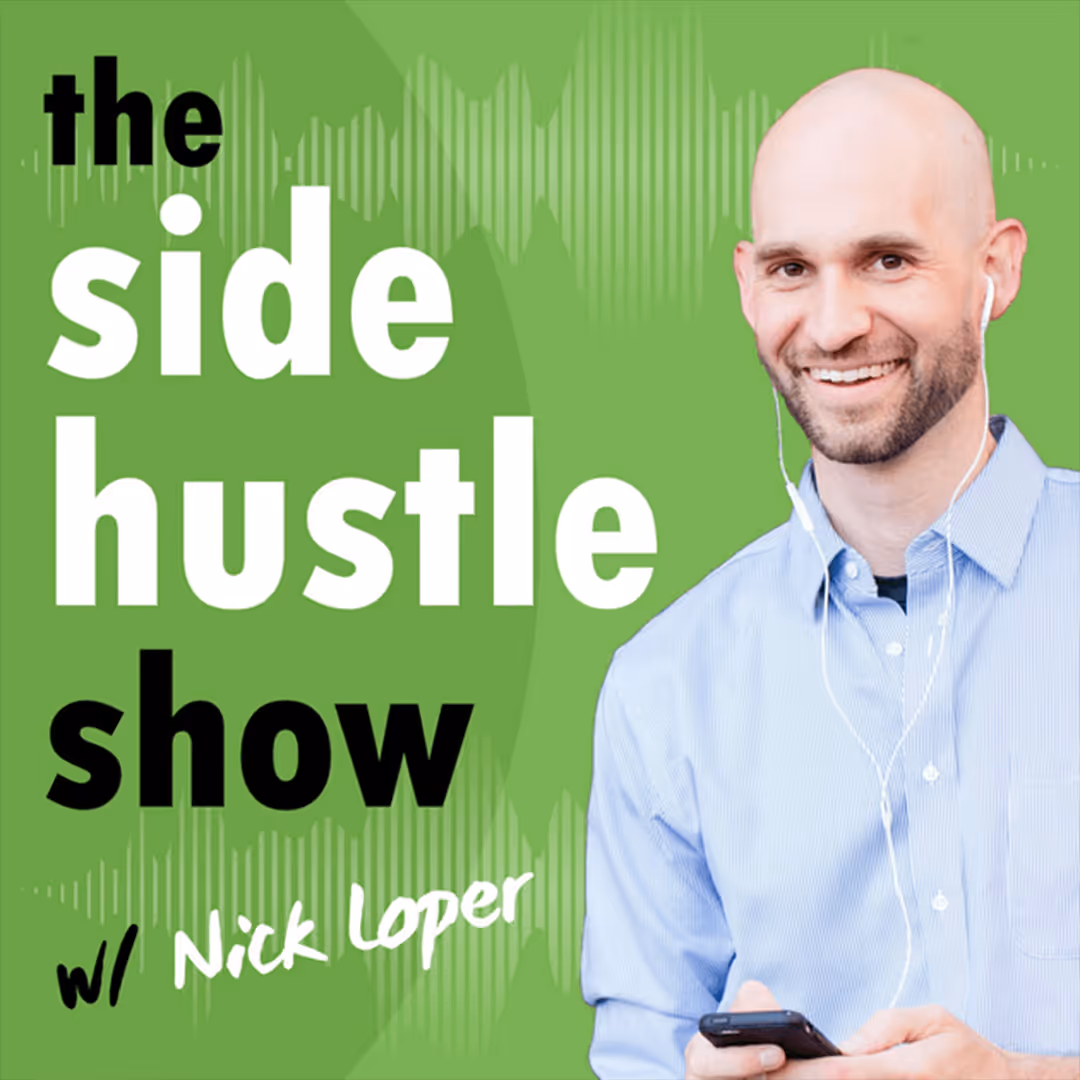 Podcast Artwork for The Side Hustle Show with Nick Loper, featuring a green background with a translucent green audio wave design. On the left hand side, the text reads "The side hustle show, with Nick Loper" and on the right hand, Nick Loper, a white man, is looking at the camera and smiling while wearing earphones connected to his mobile phone. 