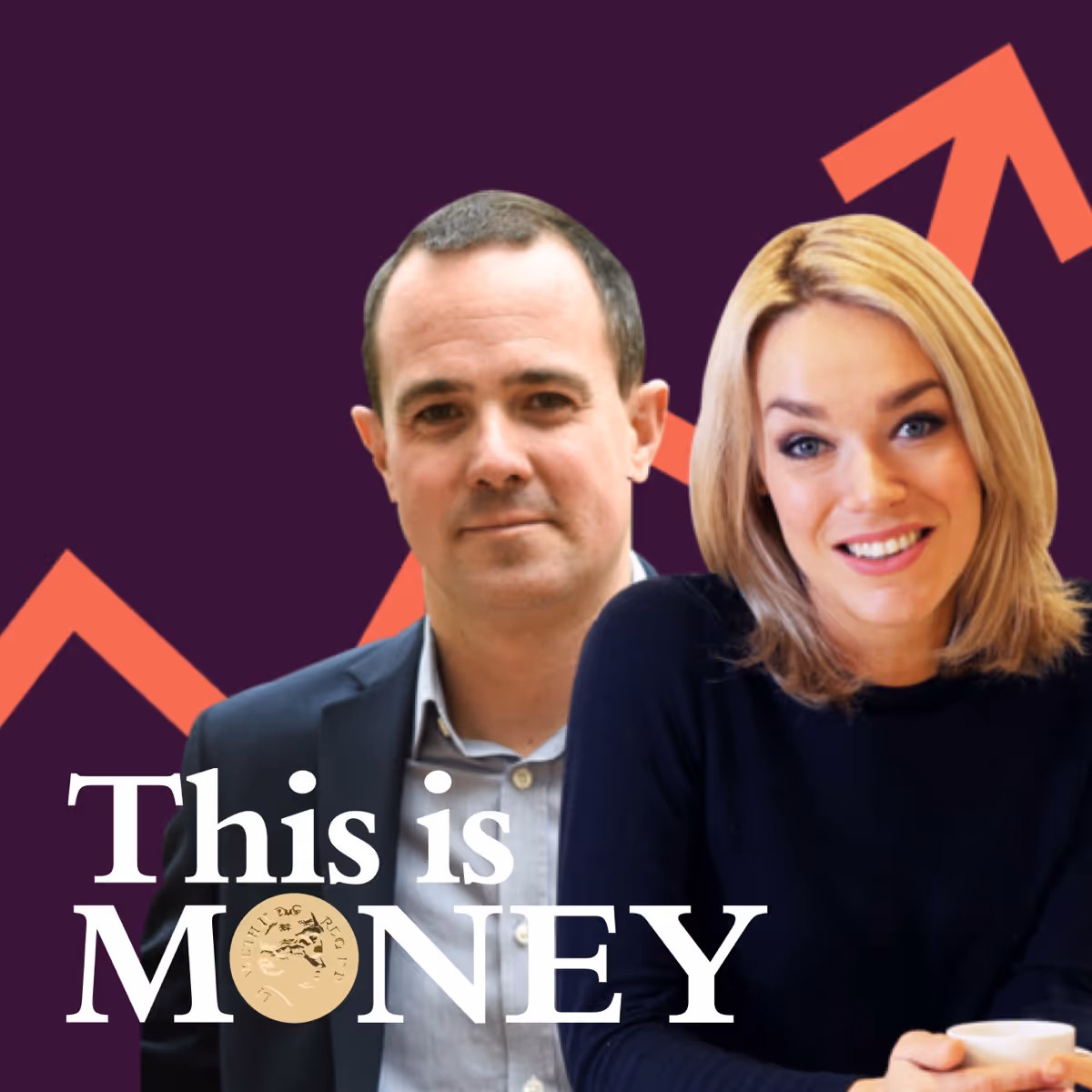 Artwork for This is Money, featuring a deep purple background, a red arrow design following an upward trend, and the hosts Georgie Frost and Simon Lambert looking straight on towards the camera. There is white text at the bottom left of the page that reads "This is Money" but the 'o' is a pound coin.