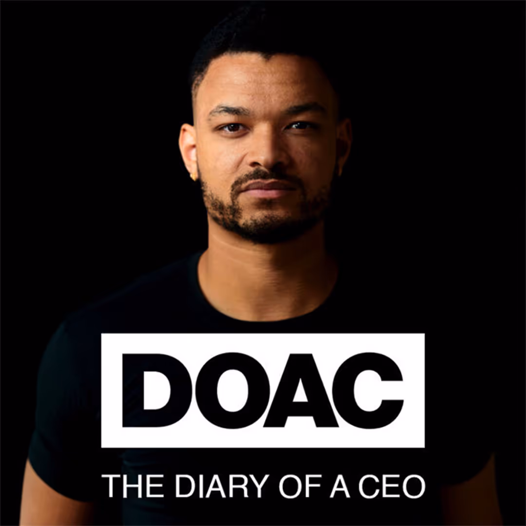 The Diary of a CEO Artwork: Steven Bartlett, a mixed race man with a light beard looking directly at the camera, wearing a black t-shirt with "doac" and "the diary of a ceo