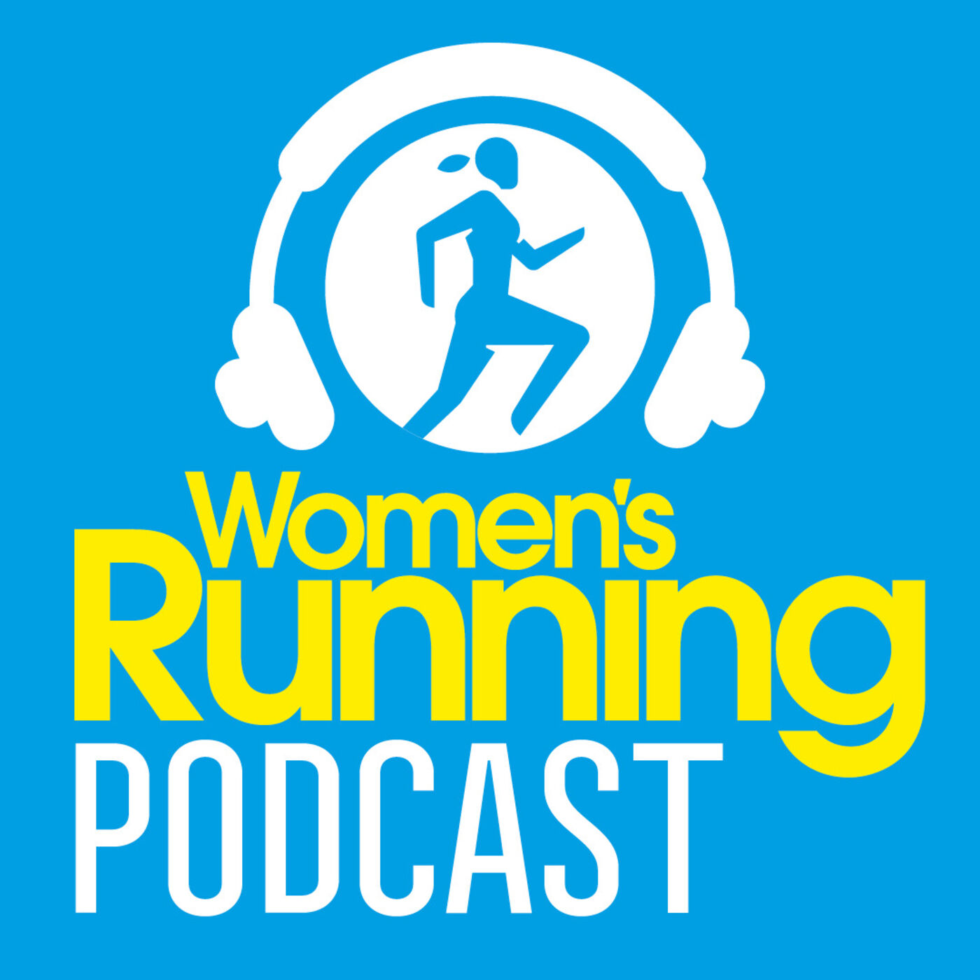 The Women's Running Podcast artwork: A blue background with the podcast title in yellow and white font. Above the font is a logo of a pair of headphones around a head, with the silhouette of a woman runner in it.