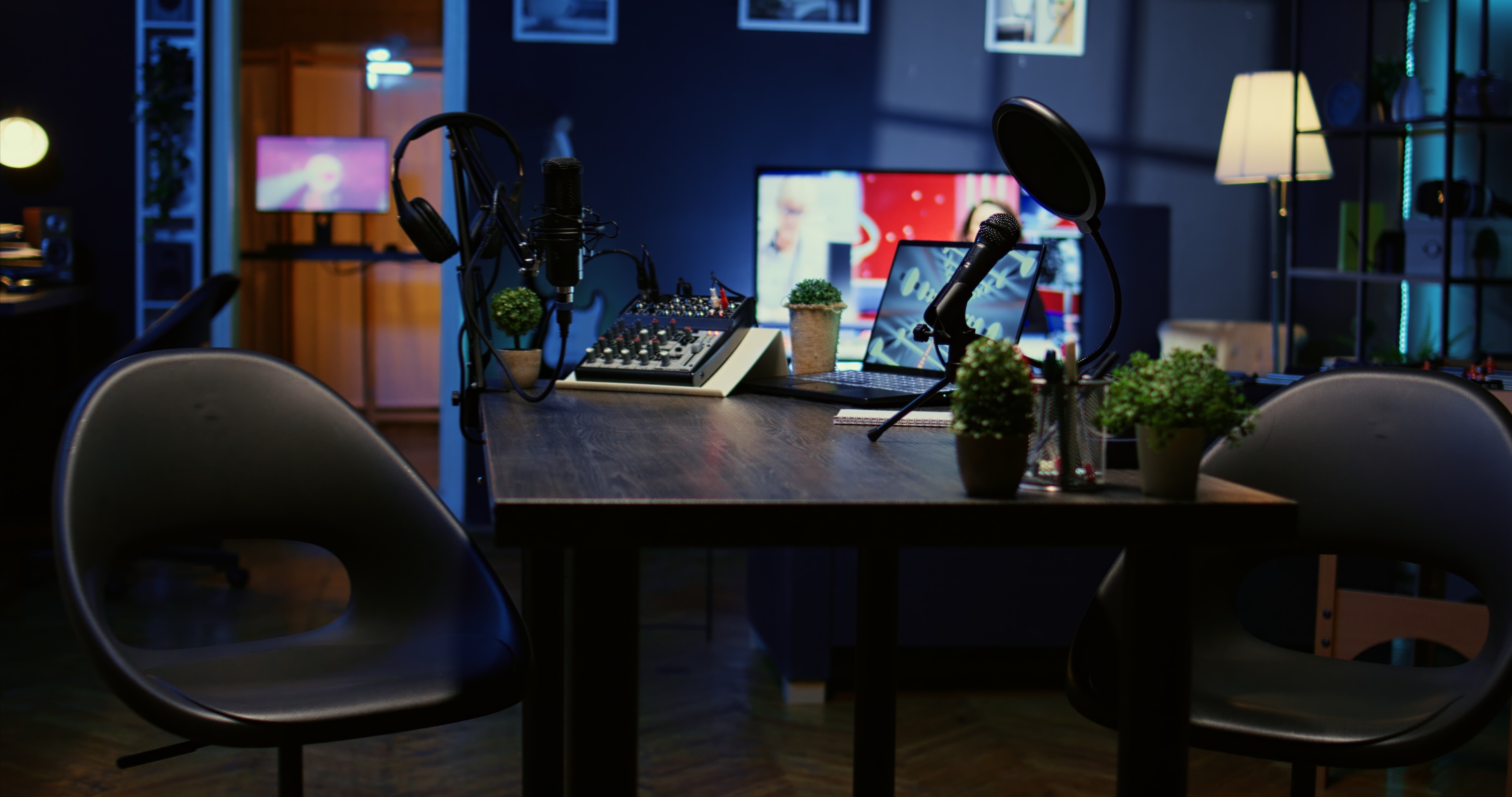 Empty room with podcasting equipment set up