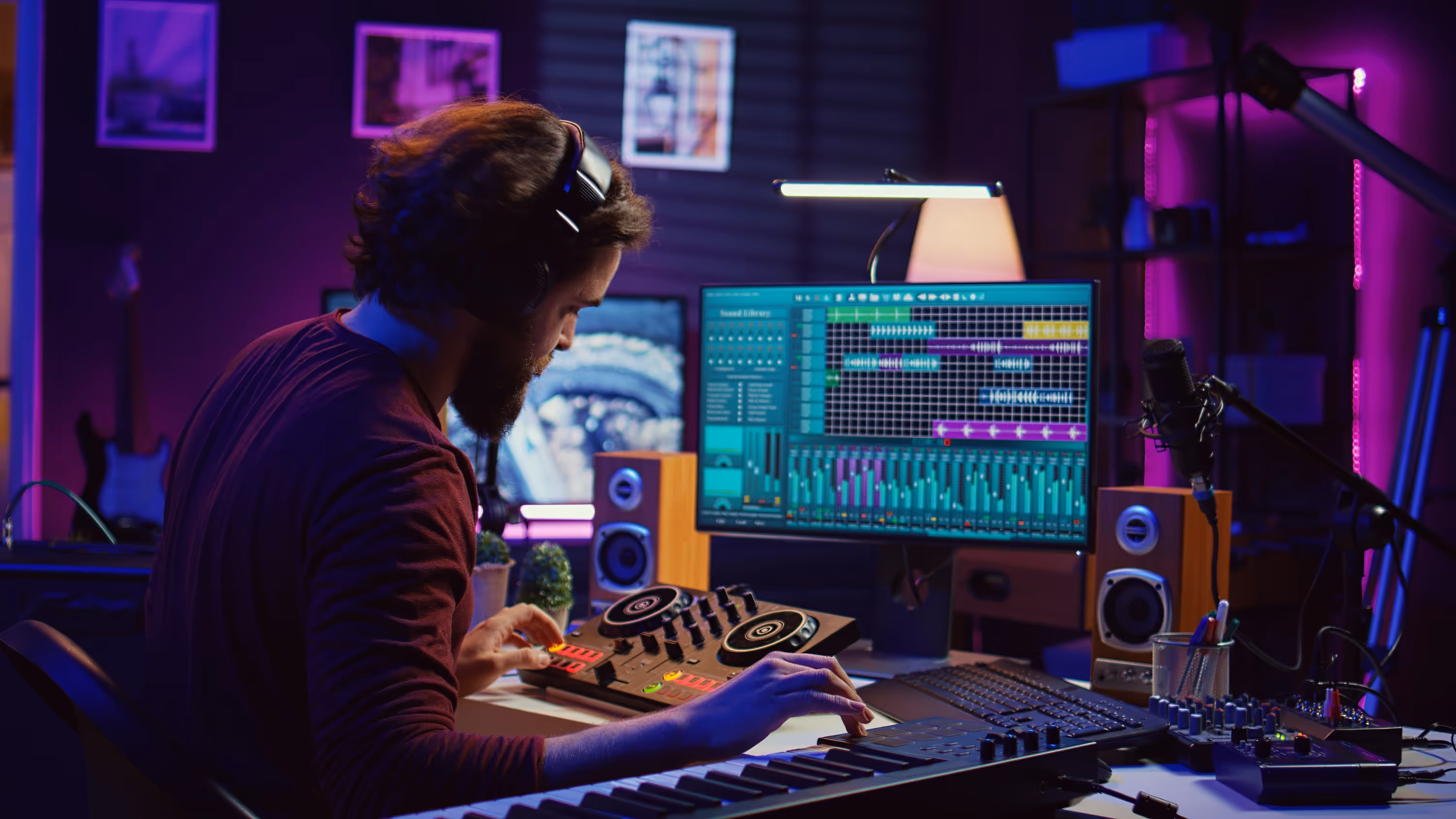 Man sitting at production desk editing content
