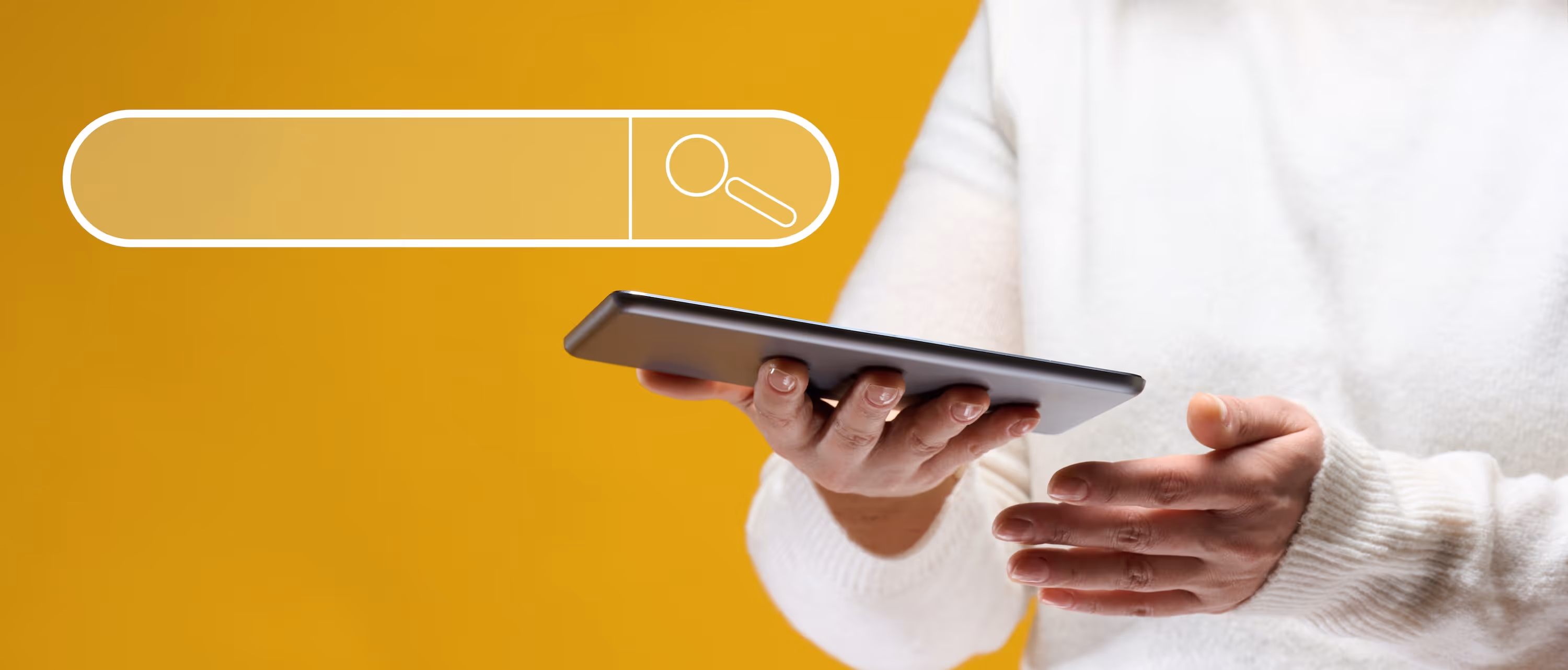 Woman holding tablet with icon of searchbar next to it