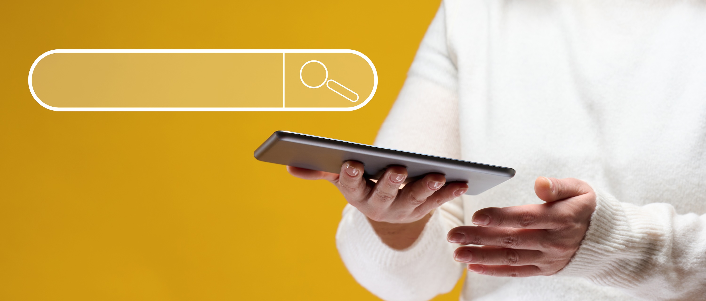 Woman holding tablet with icon of searchbar next to it