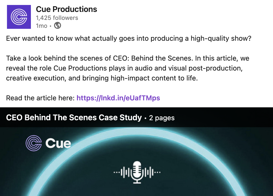 Screenshot of LinkedIn carousel for Cue Productions