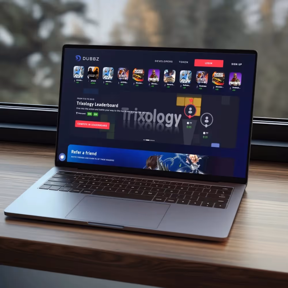 A laptop displaying a vibrant game interface, showcasing WhizzBridge's gamer-friendly design and customizable avatars.