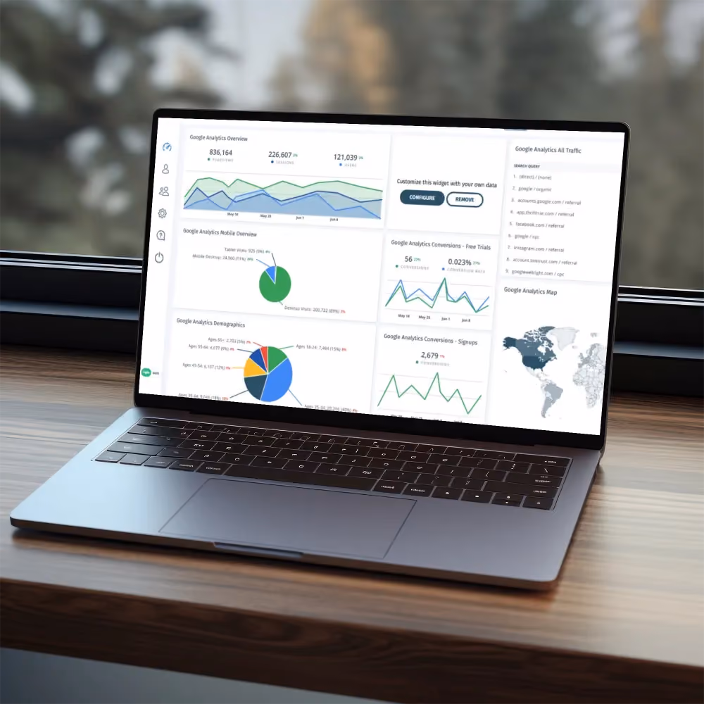Laptop displaying a dashboard, showcasing SQL migration and user-friendly web interface for data insights.