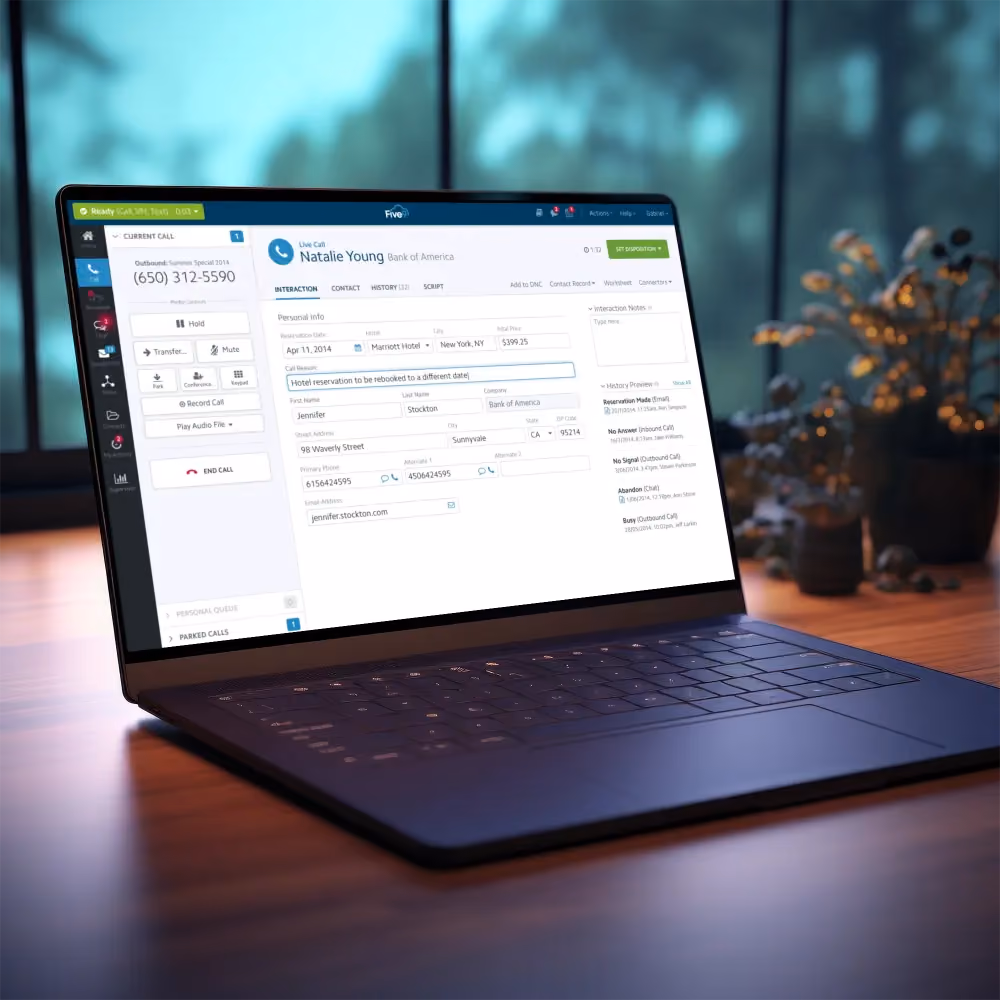 A laptop displaying a web page, showcasing WhizzBridge's Salesforce CRM features for client management and sales tracking.