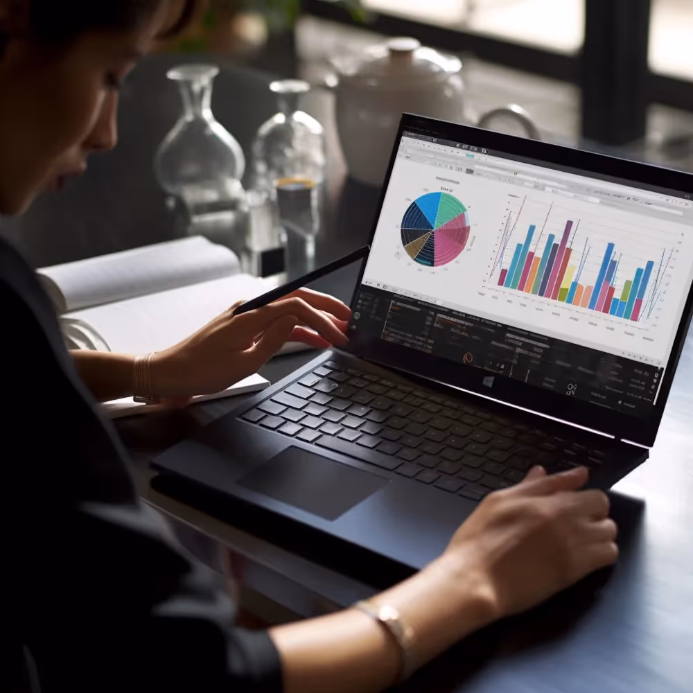 A woman working on a laptop displaying a pie chart, representing gender analysis data and insights from an AI toolkit.