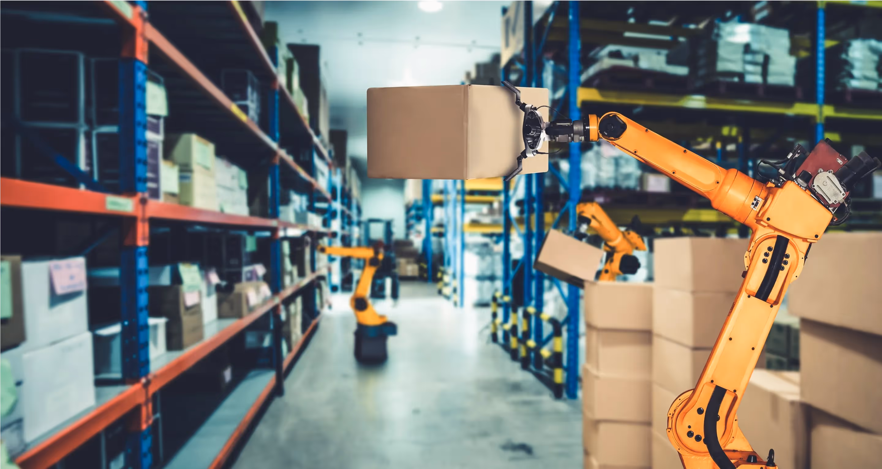 A robot efficiently moving boxes in a warehouse, showcasing AI's role in revolutionizing supply chain management.