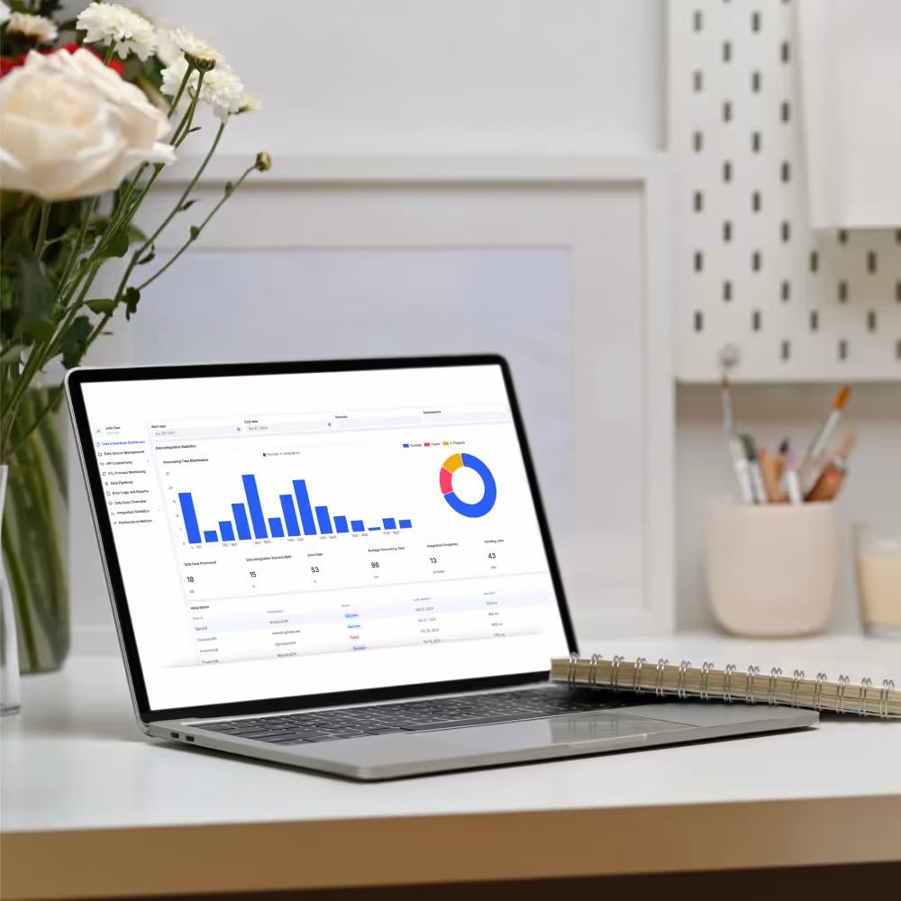 A laptop displaying a graph, symbolizing optimized database performance and user-friendly interface for data management.