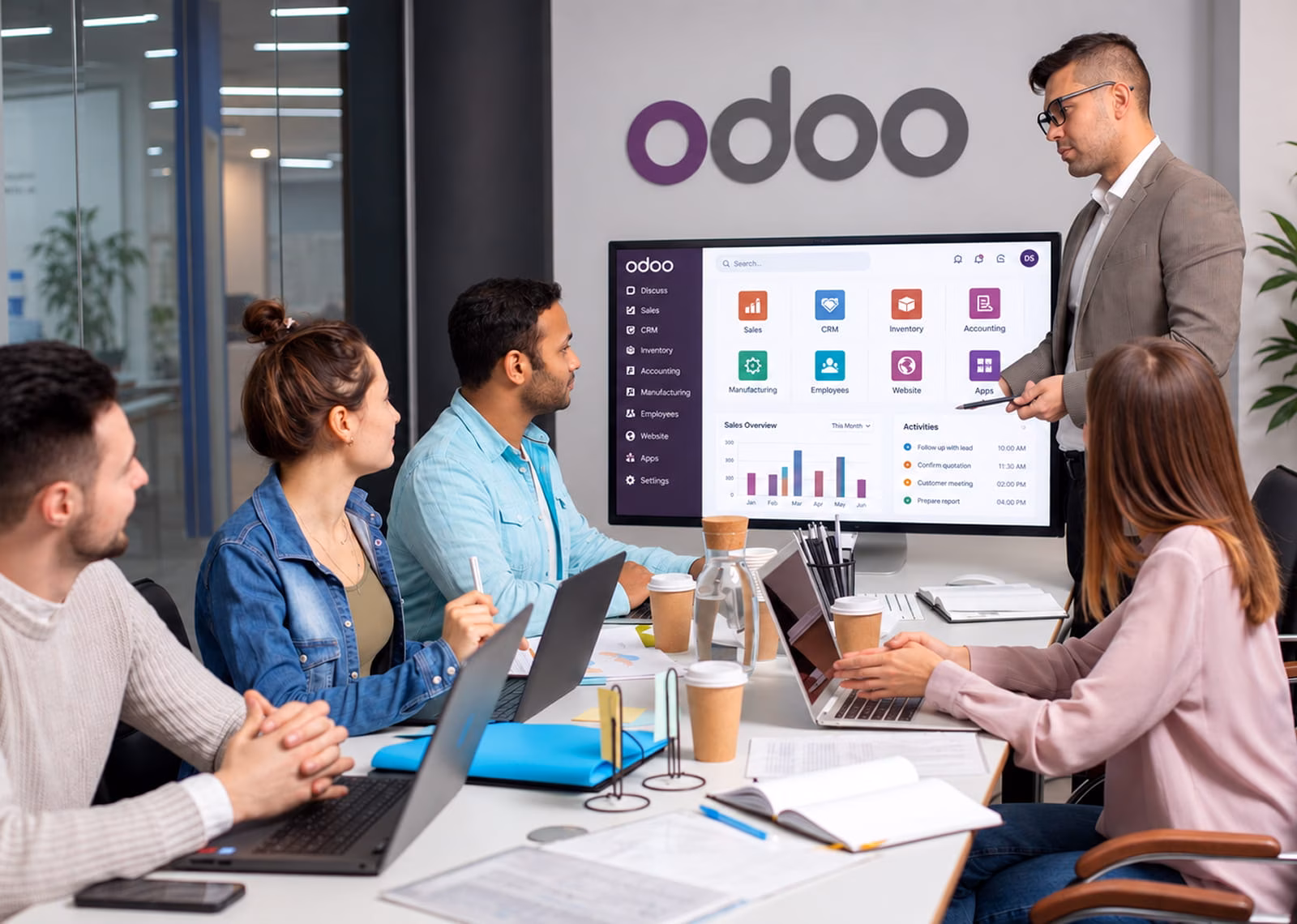 A business meeting with four people sitting at a table using laptops and notebooks, while a man in a suit stands pointing at a large screen displaying an Odoo interface with modules like Sales, CRM, Inventory, Accounting, and a sales overview chart.