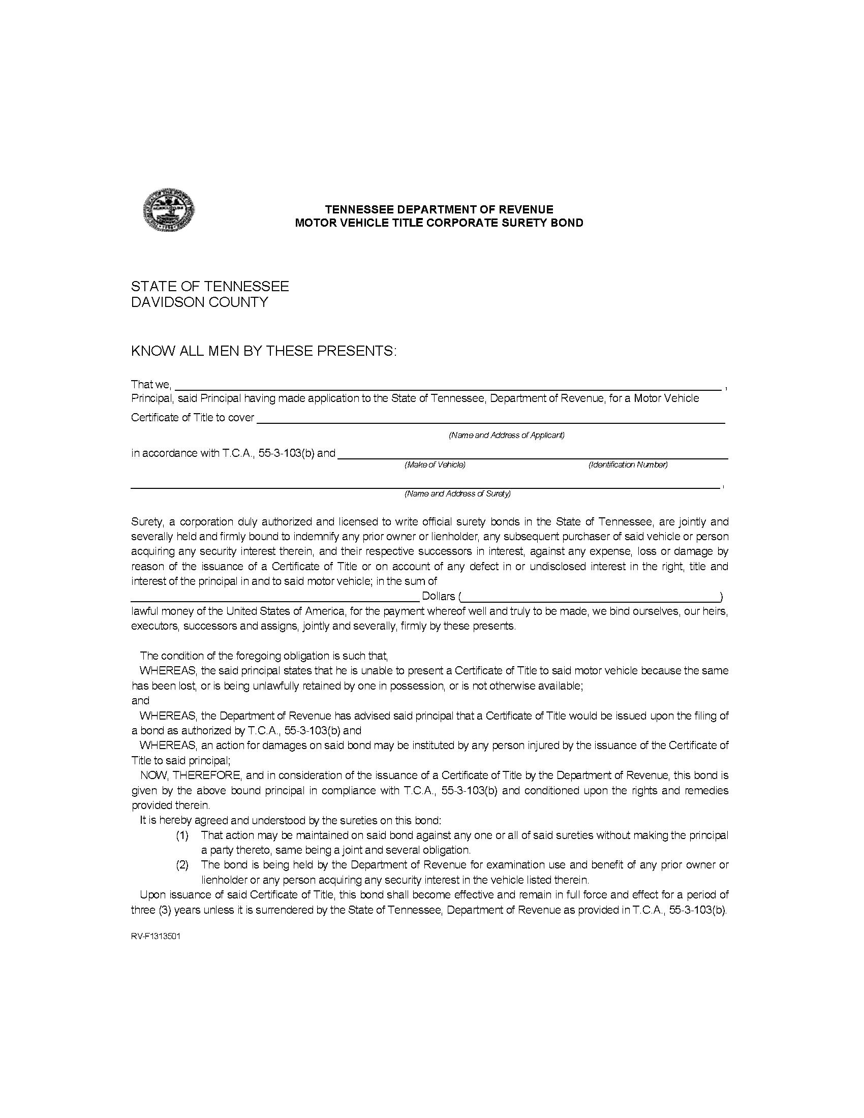 State of Tennessee Motor Vehicle Certificate of Title Bond | EZ 
