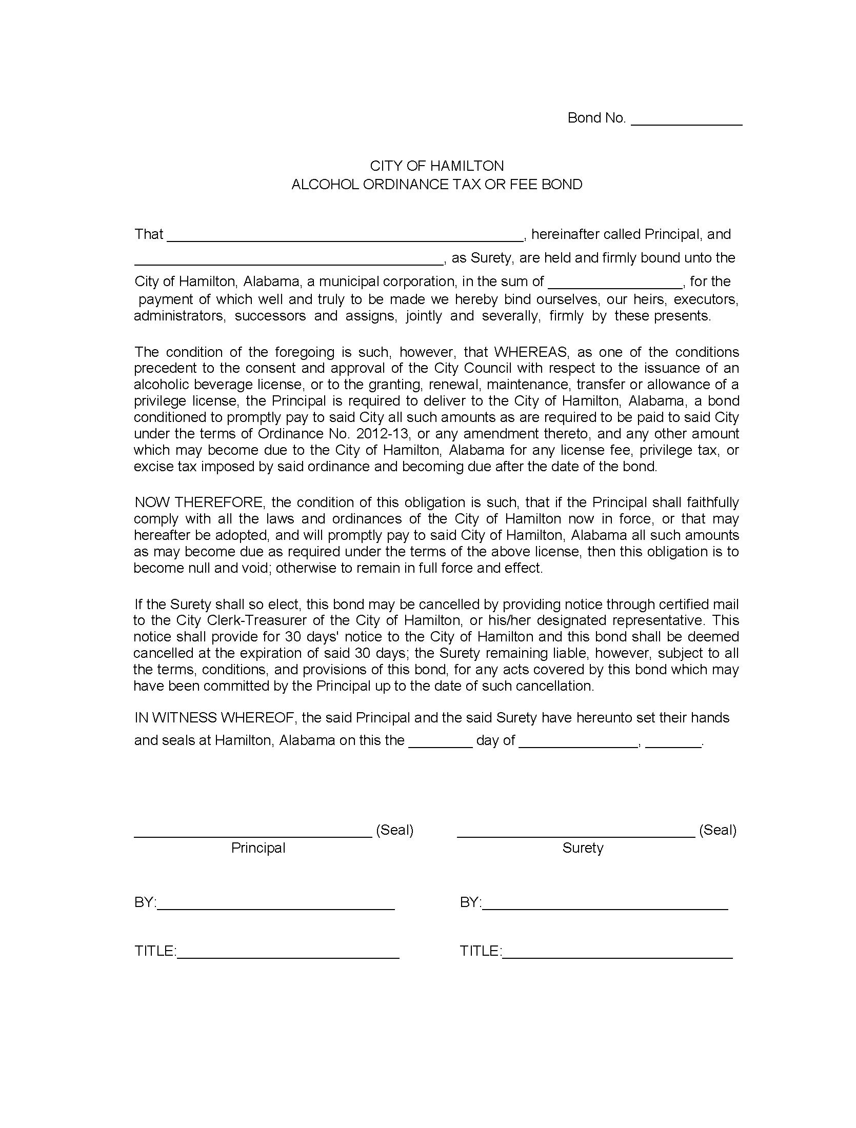 City of Hamilton Alcohol Ordinance Tax or Fee Bond