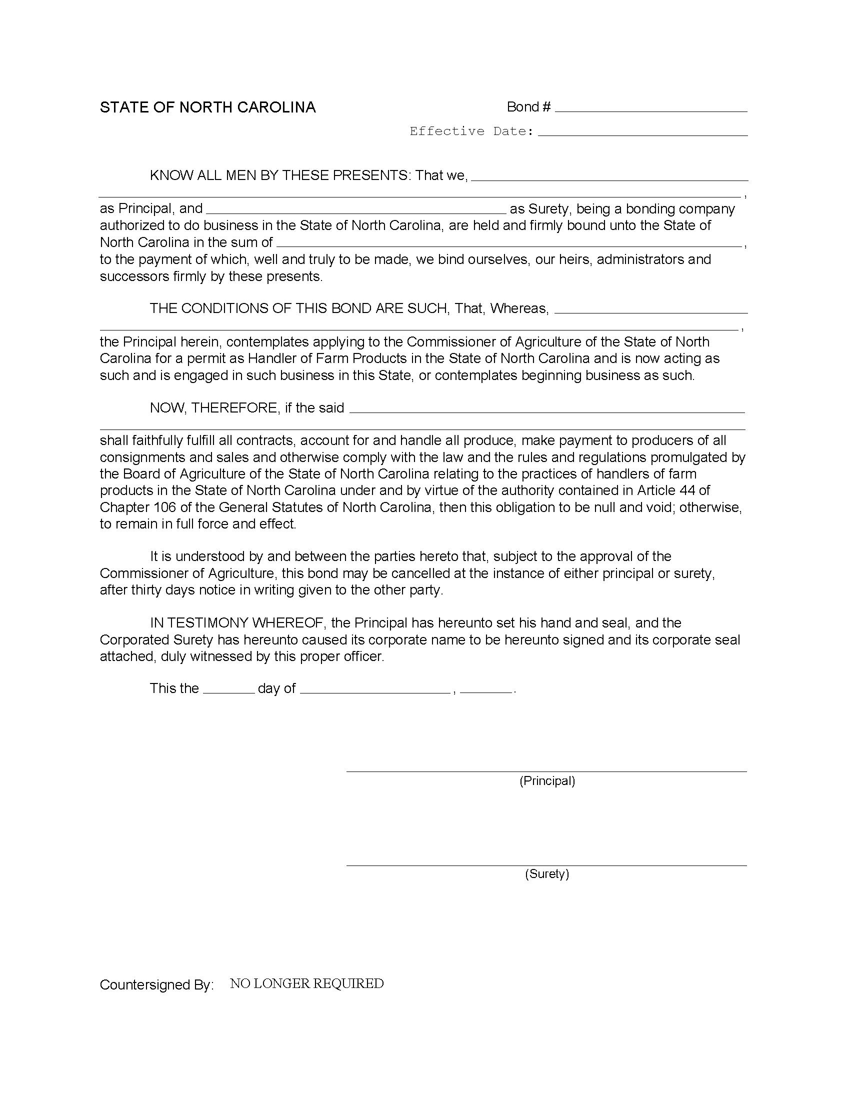 State of North Carolina Handler of Farm Products Bond
