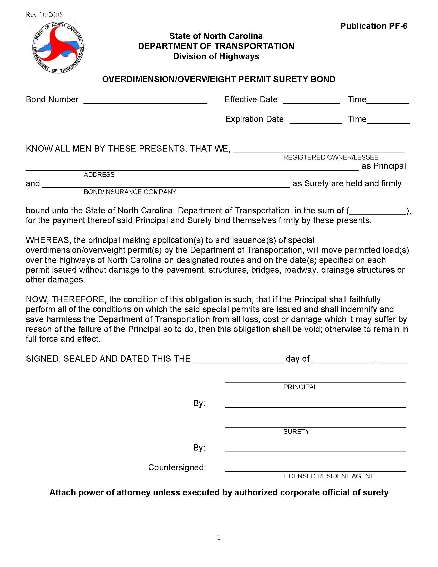 State of North Carolina Overdimension/Overweight Permit Bond