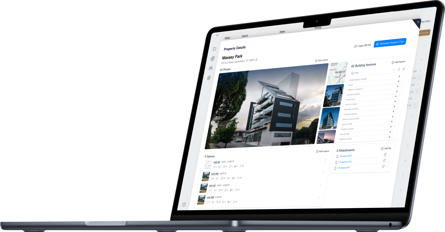 Laptop displaying Scoutspace interface, featuring real estate property details and photos with building features and attachments.
