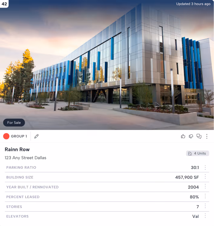 Property card featuring a modern office building with property details.