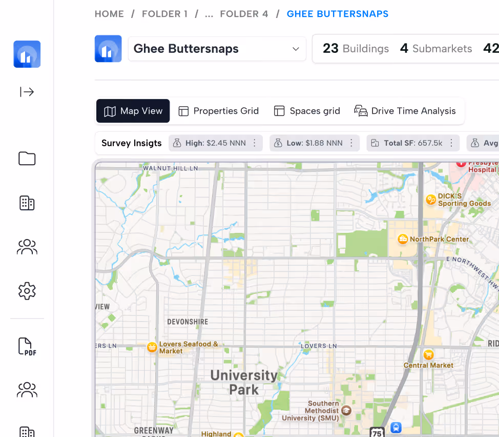 Map view interface showing University Park area with locations like Lovers Seafood & Market and NorthPark Center.