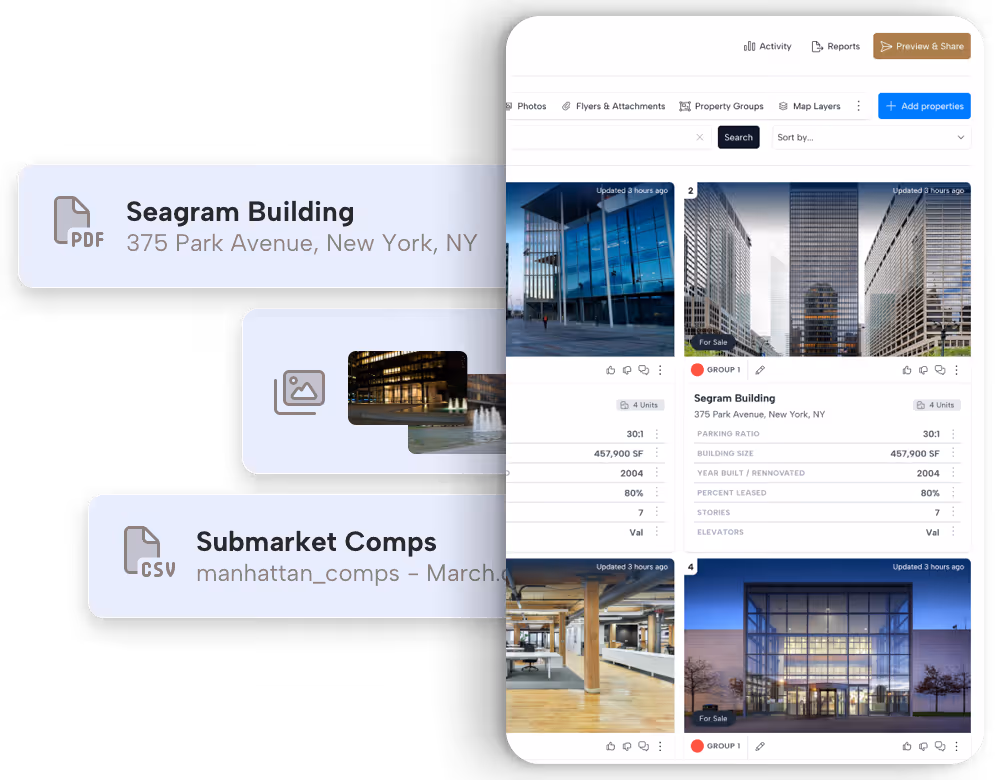 Dashboard showing details and images of a building with document icons for PDFs and CSV files.