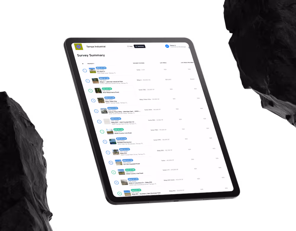 Tablet displaying a Tampa Industrial survey summary with property listings and details.