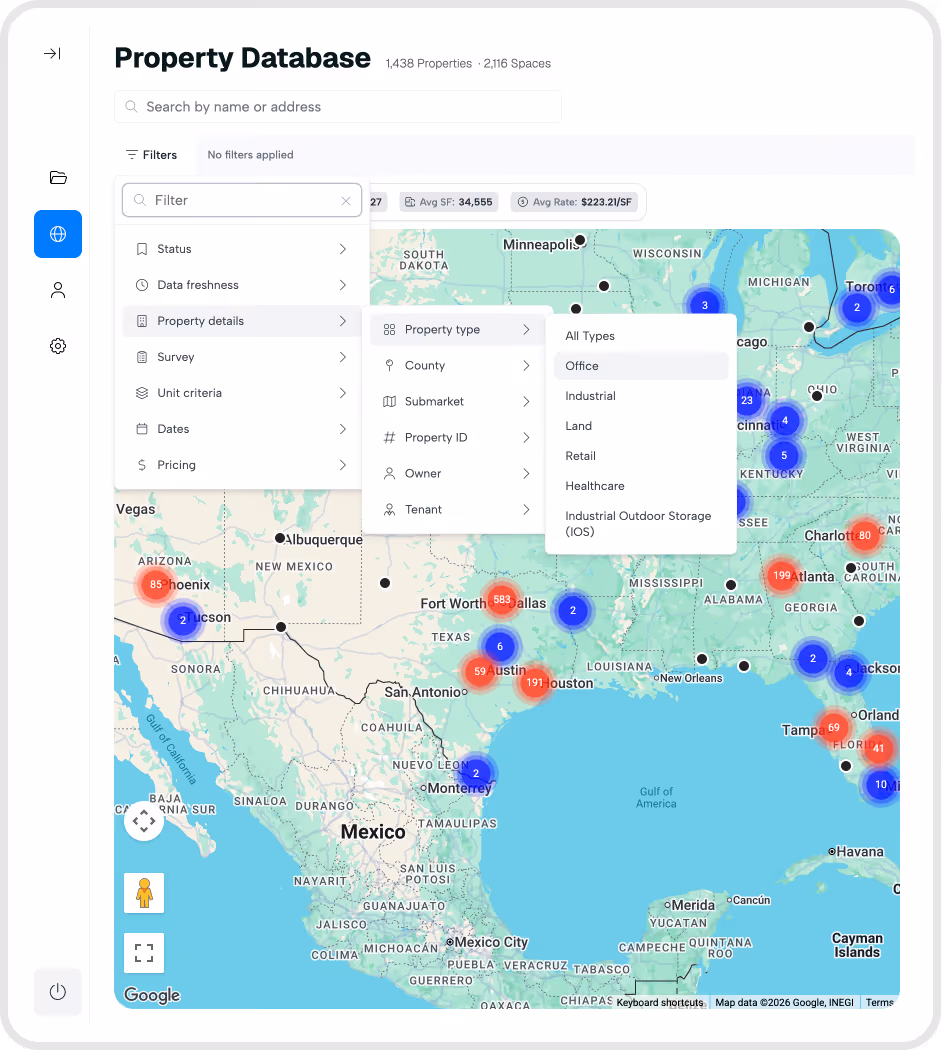 Map interface showing property clusters in US and Mexico with filter menus for property details and type.