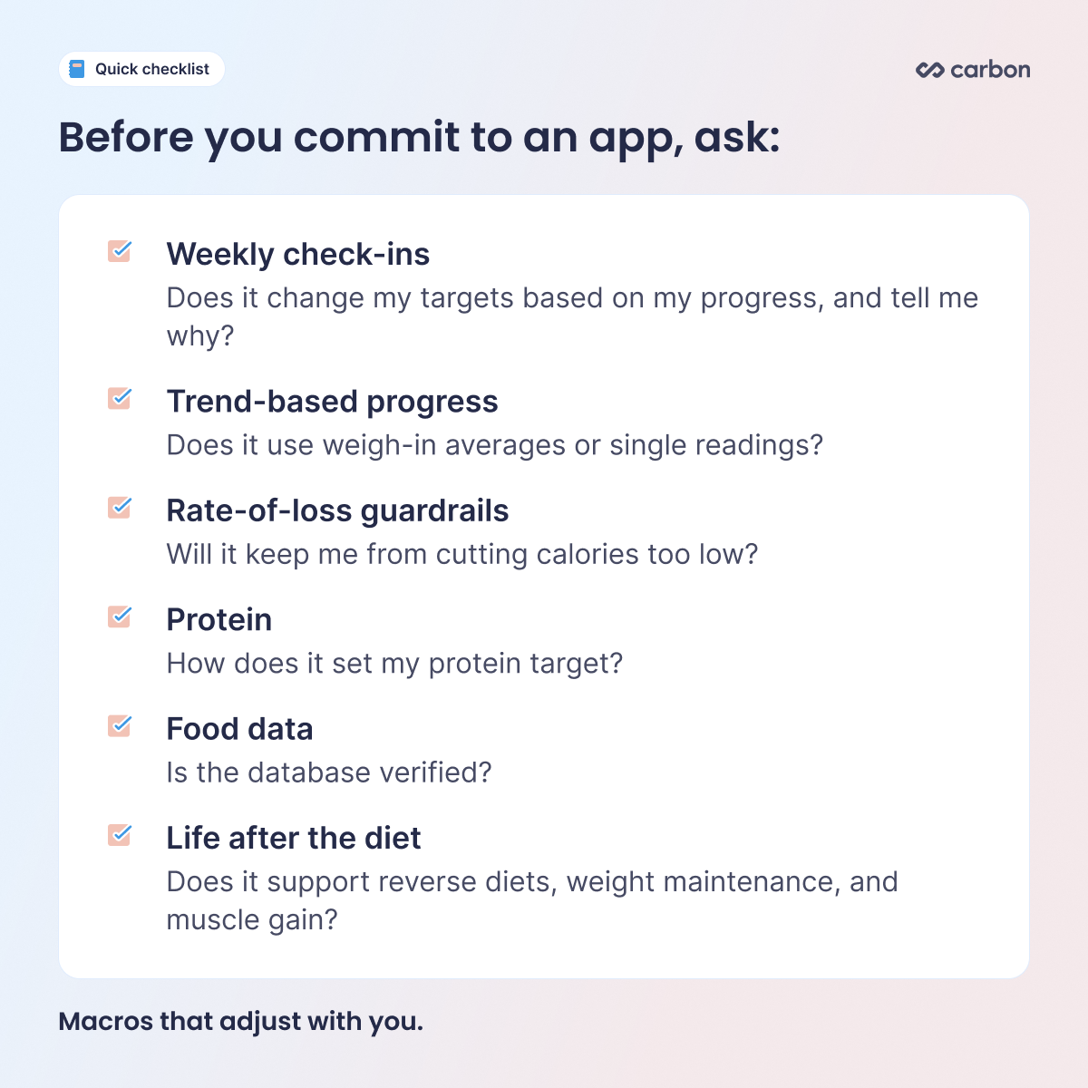 Checklist of six questions to ask before choosing a macro app for fat loss.