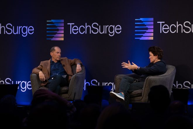 Kara Swisher on stage at TechSurge 2023 in front of a full audience