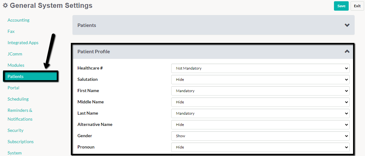 General system settings for patient profile customization inside Juvonno EMR