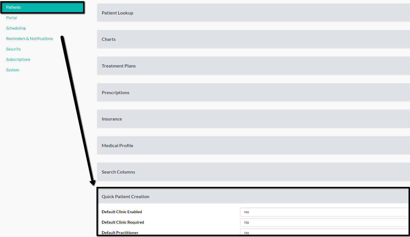 General system settings for patient creation customization inside Juvonno EMR