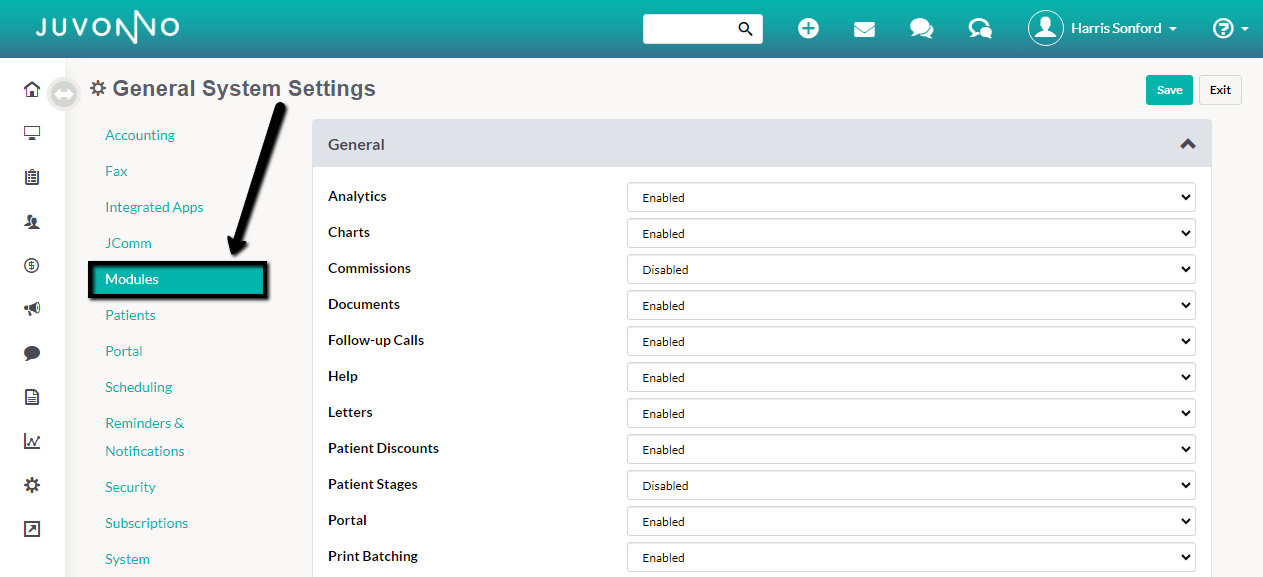 General system settings for module customization inside Juvonno EMR