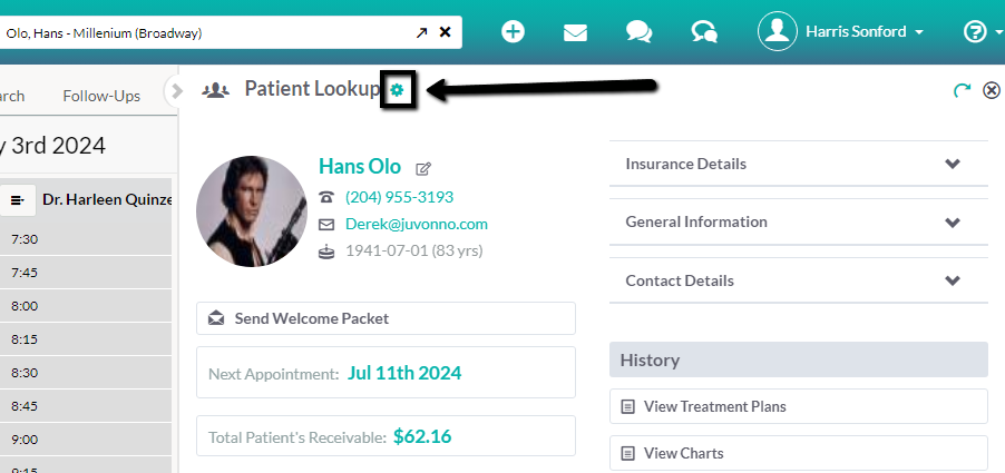 Access customization options for the patient lookup