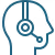 Blue line icon of a human head wearing a headset with a customer support symbol.