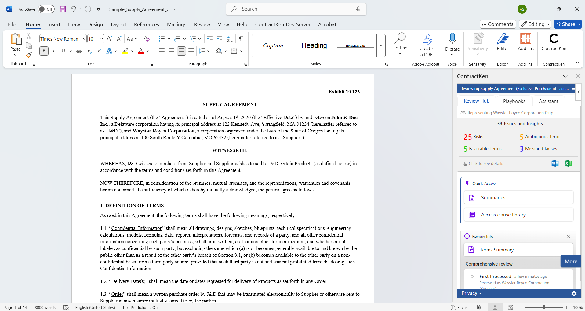 Comprehensive Review & Redlining using ContractKen
