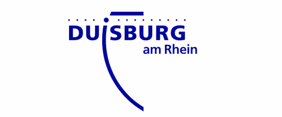 Logo von Duisburg am Rhein mit stilisiertem blauen Flussverlauf und Punkten darüber.