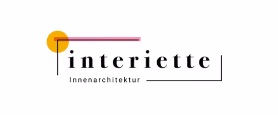Logo von interiette Innenarchitektur mit stilisiertem Rahmen in Gelb und Rosa.
