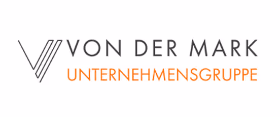 Logo der Unternehmensgruppe Von der Mark mit stilisiertem V-Symbol und Schriftzug in Schwarz und Orange.