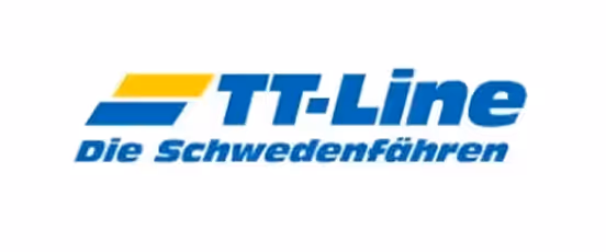 TT-Line-Logo mit dem Slogan Die Schwedenfähren in Blau und Gelb.
