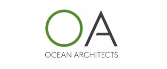 Logo mit grünem Kreis und schwarzem Buchstaben A, darunter der Text Ocean Architects.