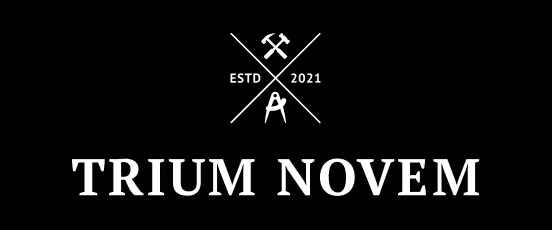 Logo mit gekreuzten Werkzeugen, Datum ESTD 2021 und dem Text Trium Novem auf schwarzem Hintergrund.