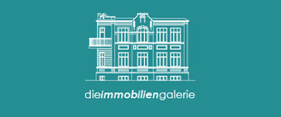 Weißes Linienzeichnung eines Gebäudes über dem Schriftzug 'dieimmobiliengalerie' auf grünem Hintergrund.