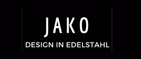 JAKO Logo mit dem Text Design in Edelstahl.